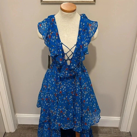 NWT!! Lulu’s - Always and Forever Blue Floral Print Lace-Up High-Low Dress - XS - Picture 6 of 12